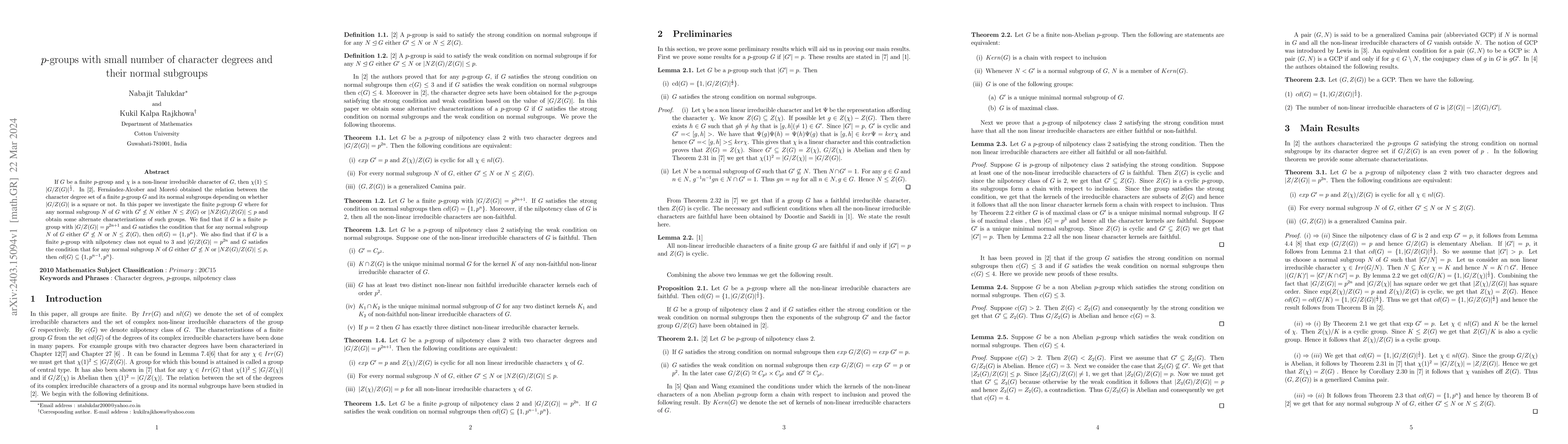 Thumbnail for $p$-groups with small number of character degrees and their normal
  subgroups
