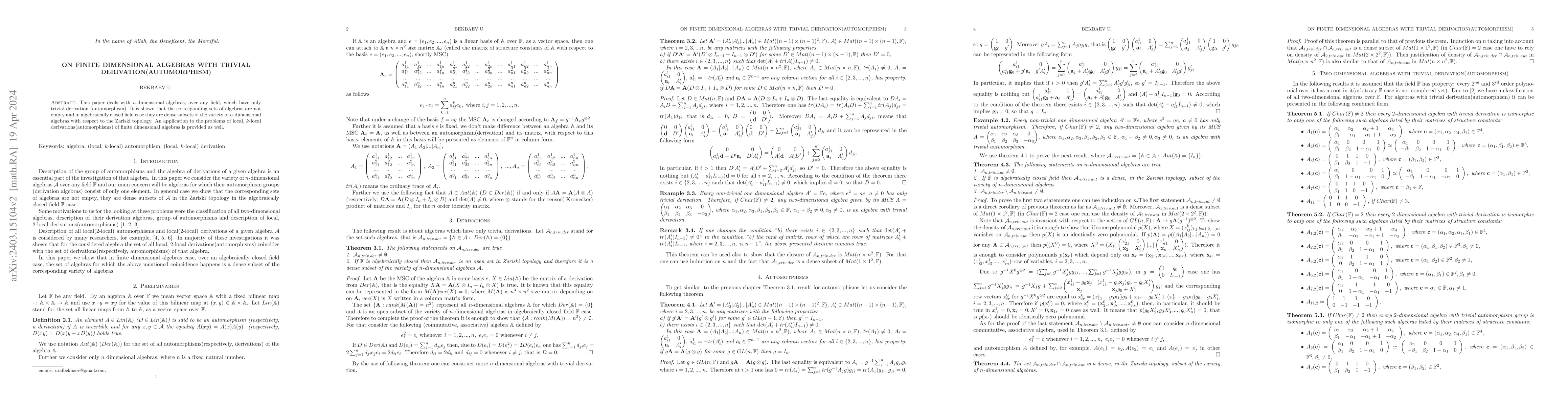 Thumbnail for On finite dimensional algebras with trivial derivation (automorphism)