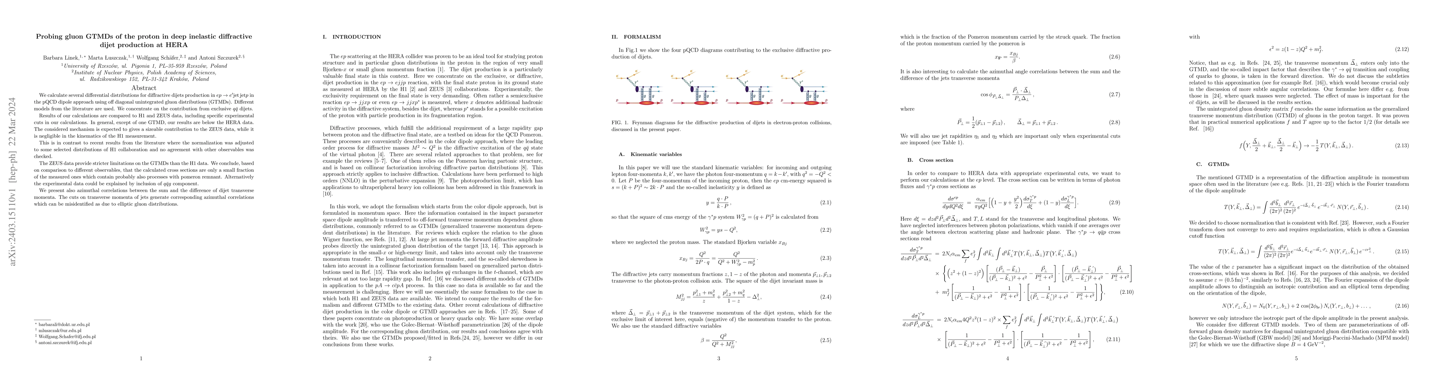 Thumbnail for Probing gluon GTMDs of the proton in deep inelastic diffractive dijet
  production at HERA