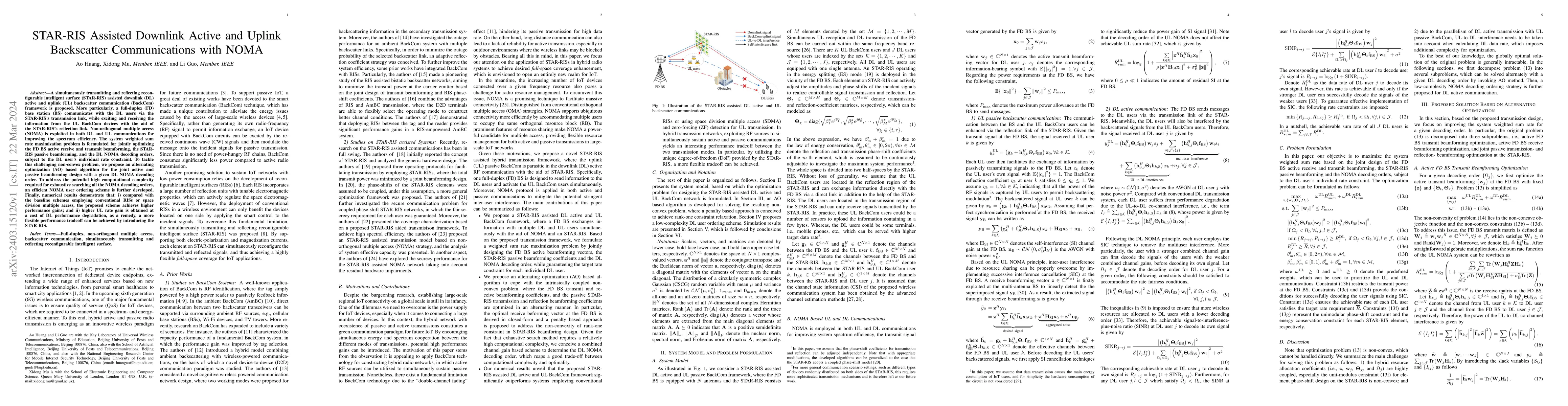 Thumbnail for STAR-RIS Assisted Downlink Active and Uplink Backscatter Communications
  with NOMA