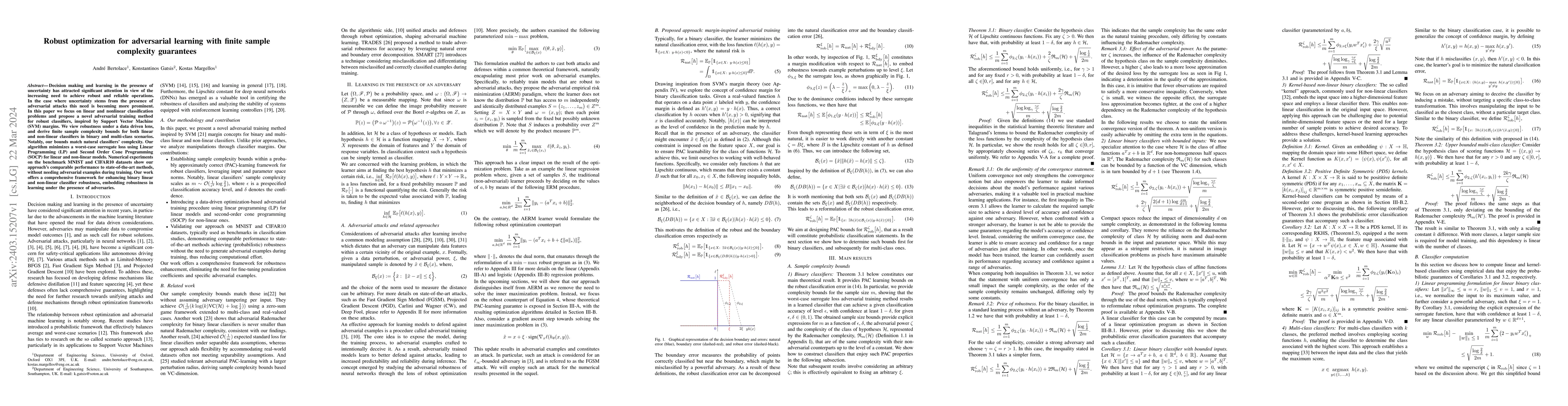 Thumbnail for Robust optimization for adversarial learning with finite sample
  complexity guarantees