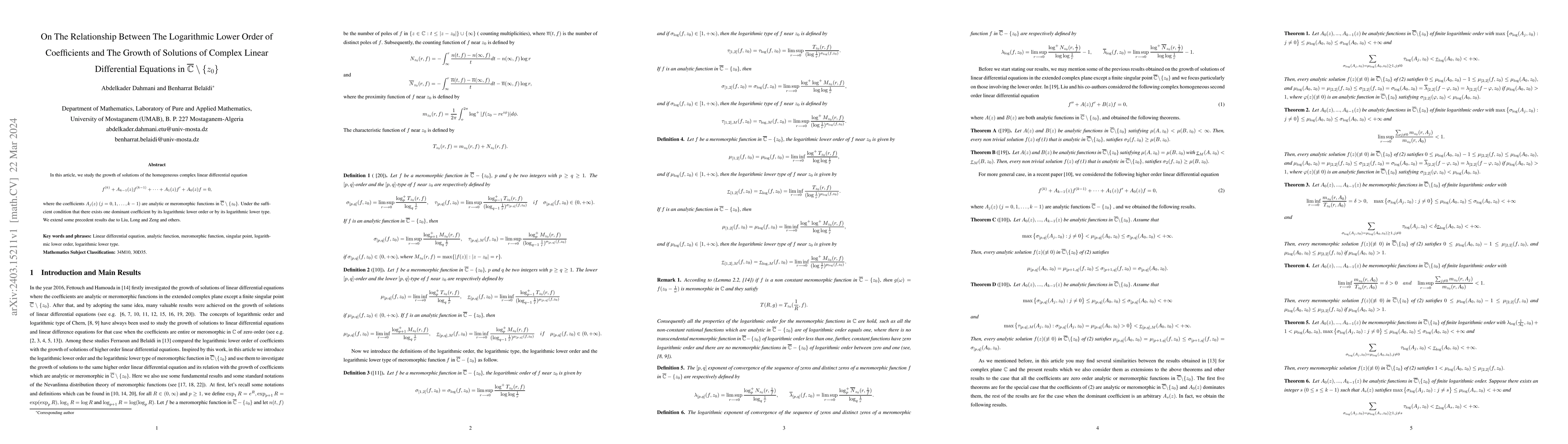 Thumbnail for On The Relationship Between The Logarithmic Lower Order of Coefficients
  and The Growth of Solutions of Complex Linear Differential Equations in
  $\overline{\mathbb{C}}\setminus\{z_{0}\}$
