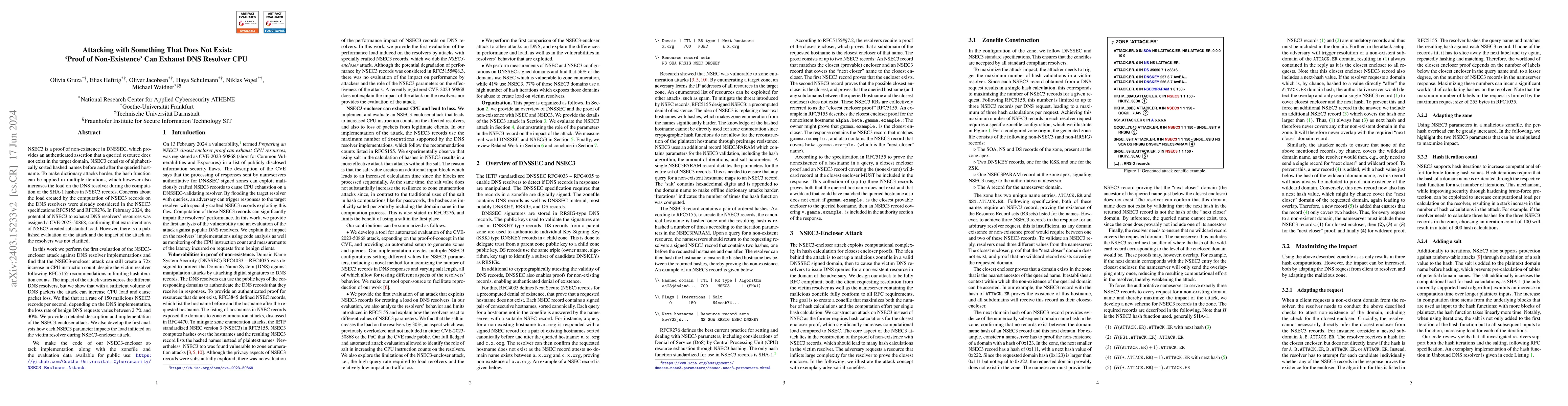 Thumbnail for Attacking with Something That Does Not Exist: 'Proof of Non-Existence'
  Can Exhaust DNS Resolver CPU
