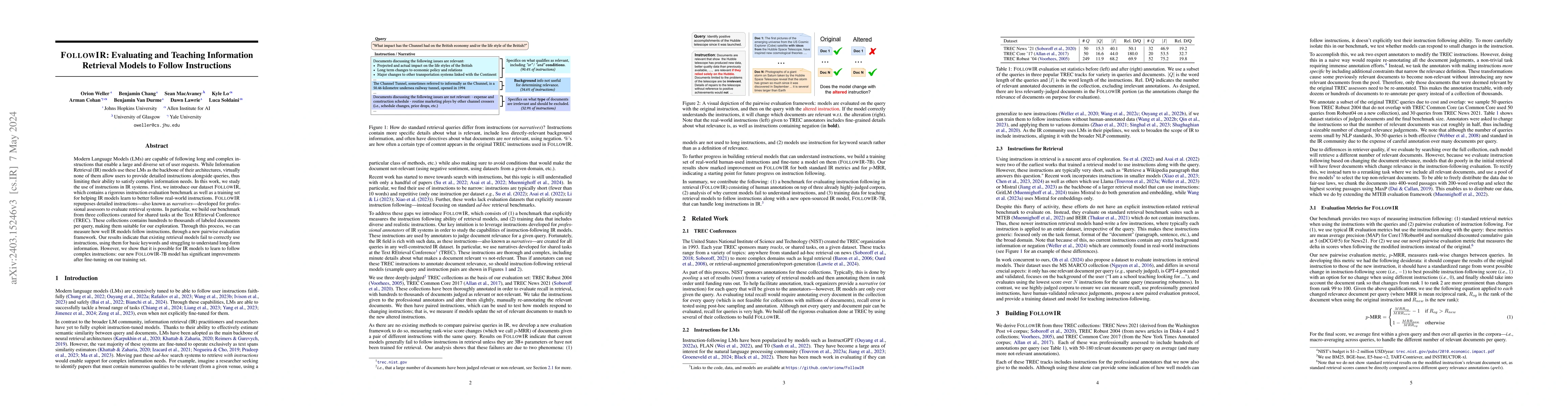 Thumbnail for FollowIR: Evaluating and Teaching Information Retrieval Models to Follow
  Instructions