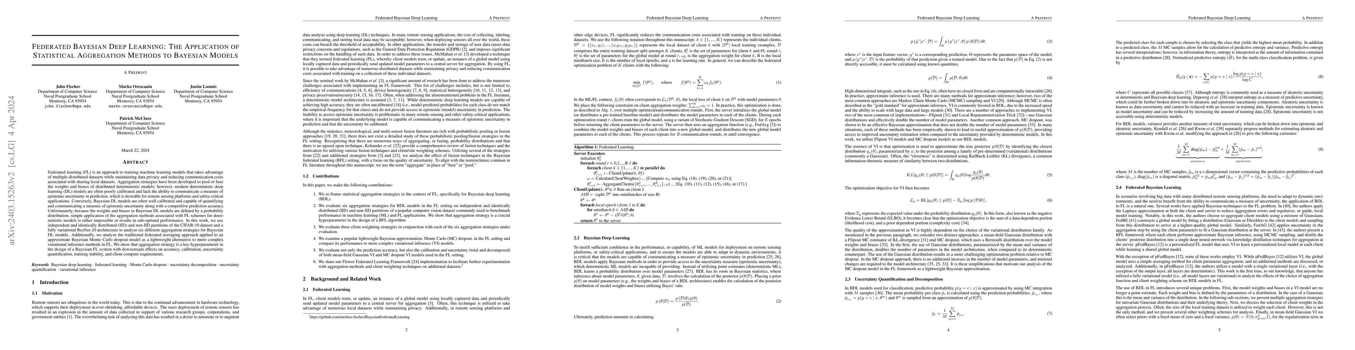 Thumbnail for Federated Bayesian Deep Learning: The Application of Statistical
  Aggregation Methods to Bayesian Models