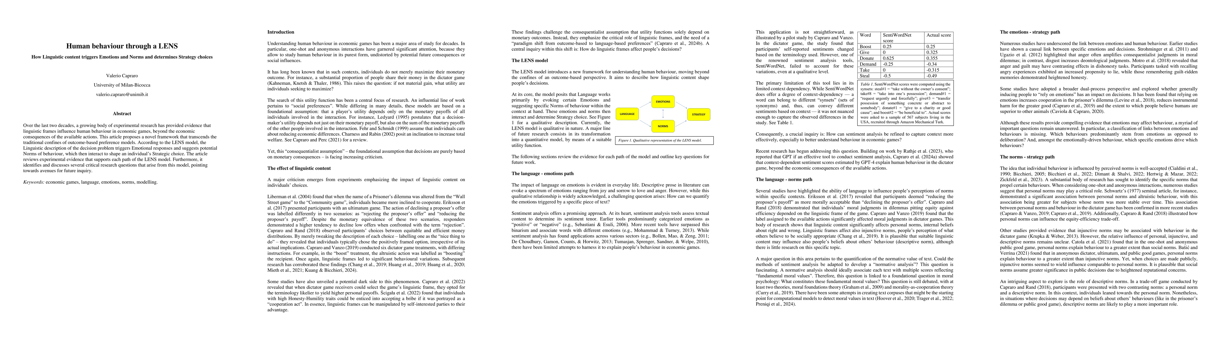 Thumbnail for Human behaviour through a LENS: How Linguistic content triggers Emotions
  and Norms and determines Strategy choices