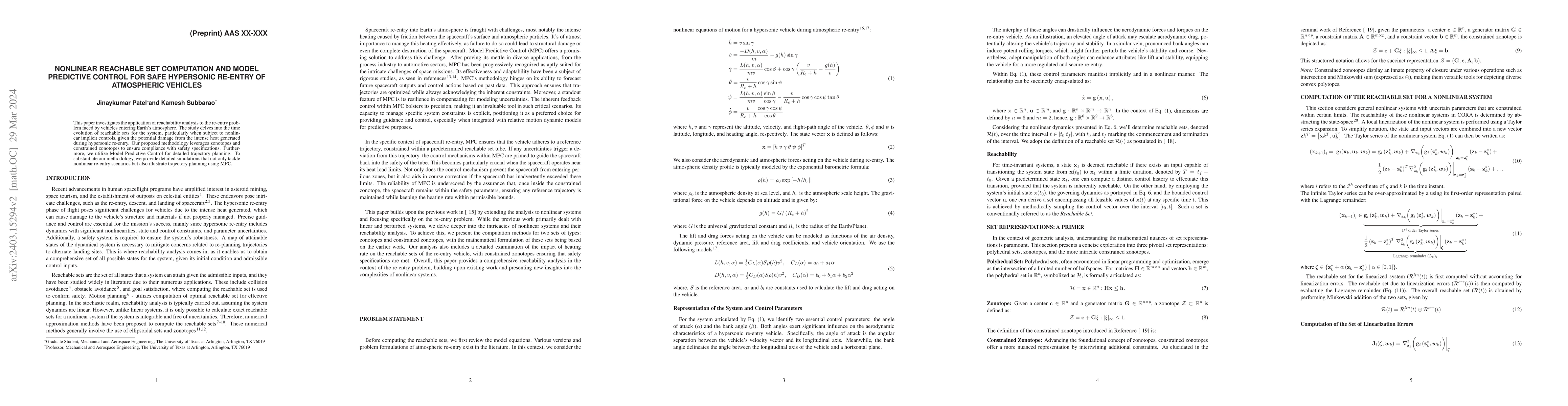 Thumbnail for Nonlinear Reachable Set Computation and Model Predictive Control for
  Safe Hypersonic Re-entry of Atmospheric Vehicles