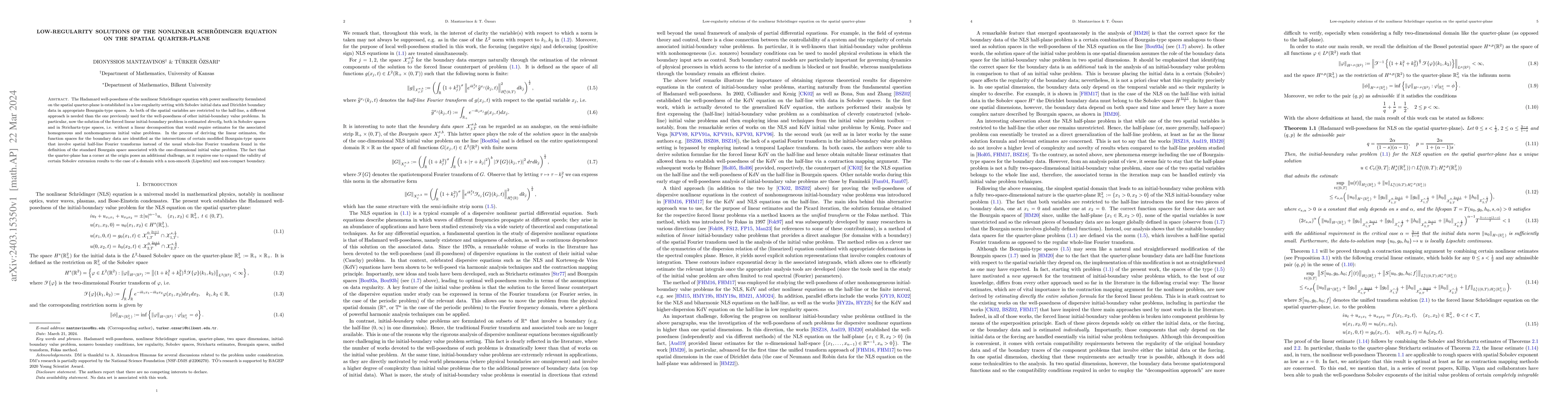 Thumbnail for Low-Regularity Solutions of the Nonlinear Schr\"odinger Equation on the
  Spatial Quarter-Plane