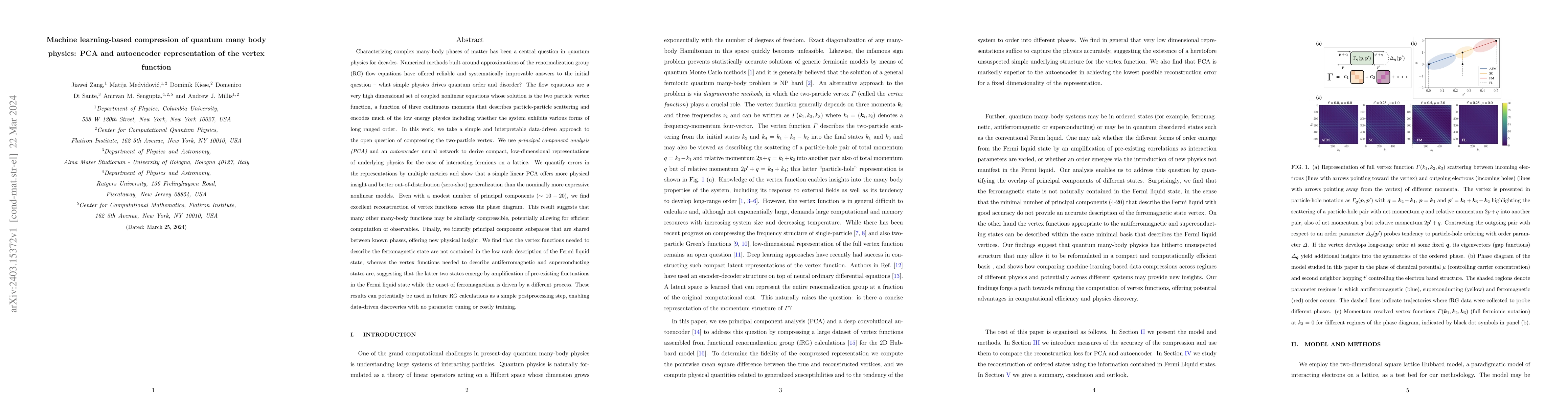Thumbnail for Machine learning-based compression of quantum many body physics: PCA and
  autoencoder representation of the vertex function