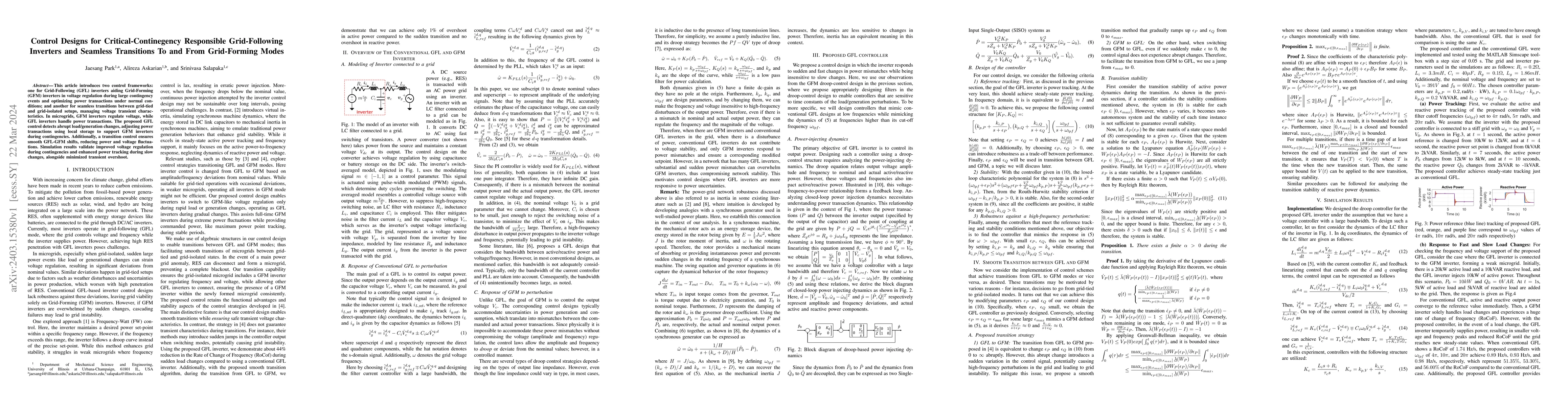 Thumbnail for Control Designs for Critical-Continegency Responsible Grid-Following
  Inverters and Seamless Transitions To and From Grid-Forming Modes