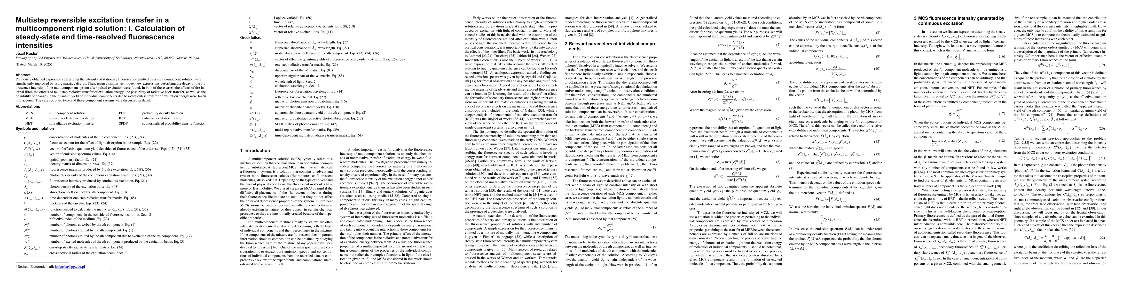 Thumbnail for Multistep reversible excitation transfer in a multicomponent rigid
  solution: I. Calculation of steady-state and time-resolved fluorescence
  intensities
