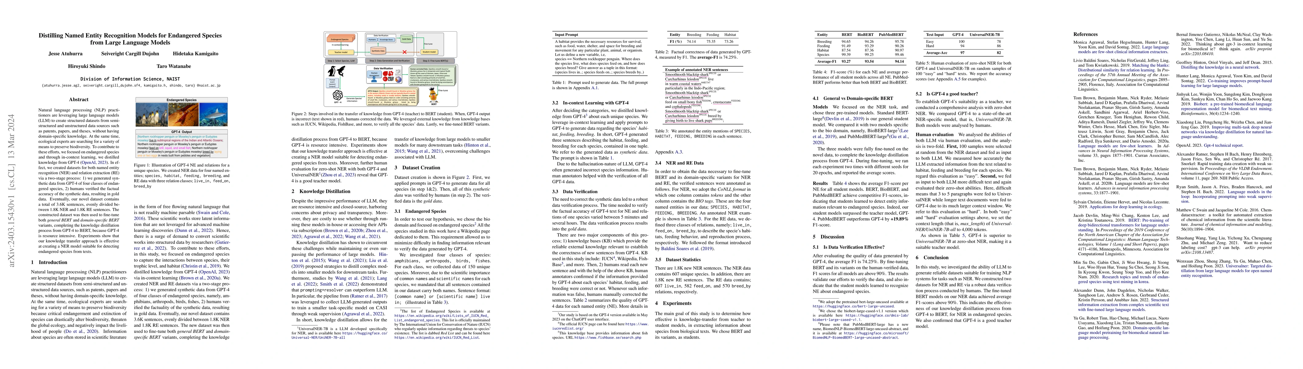 Thumbnail for Distilling Named Entity Recognition Models for Endangered Species from
  Large Language Models