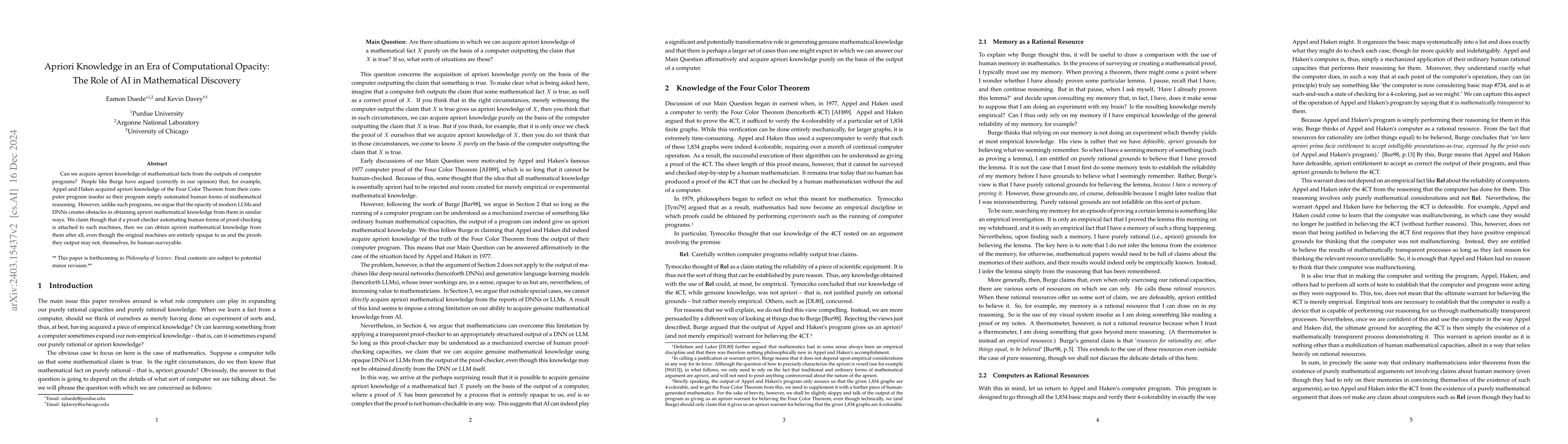 Thumbnail for Apriori Knowledge in an Era of Computational Opacity: The Role of AI in
  Mathematical Discovery