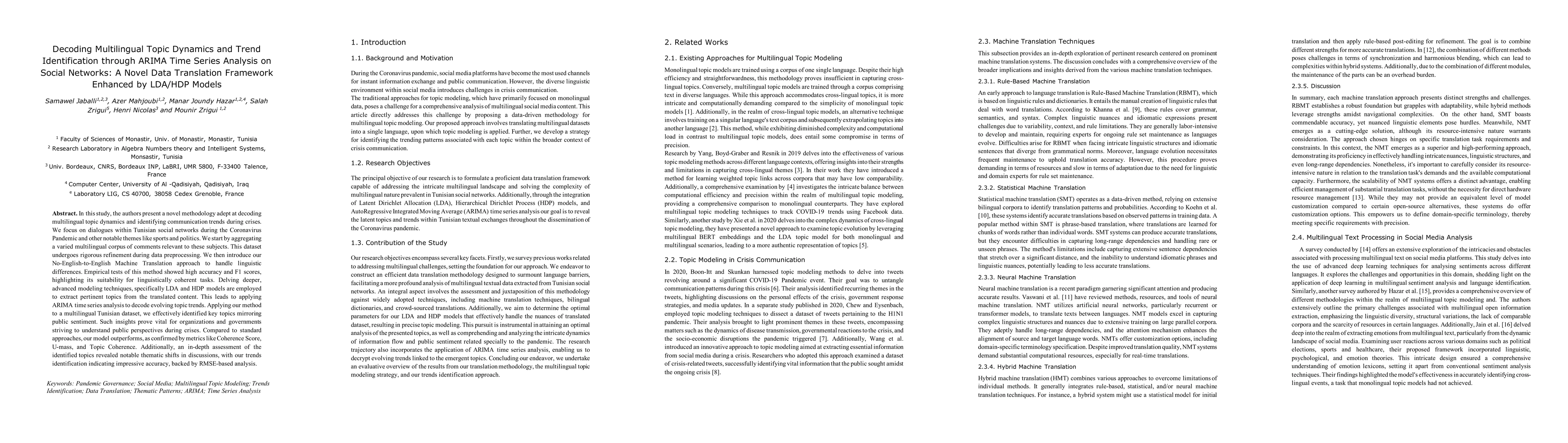 Thumbnail for Decoding Multilingual Topic Dynamics and Trend Identification through
  ARIMA Time Series Analysis on Social Networks: A Novel Data Translation
  Framework Enhanced by LDA/HDP Models