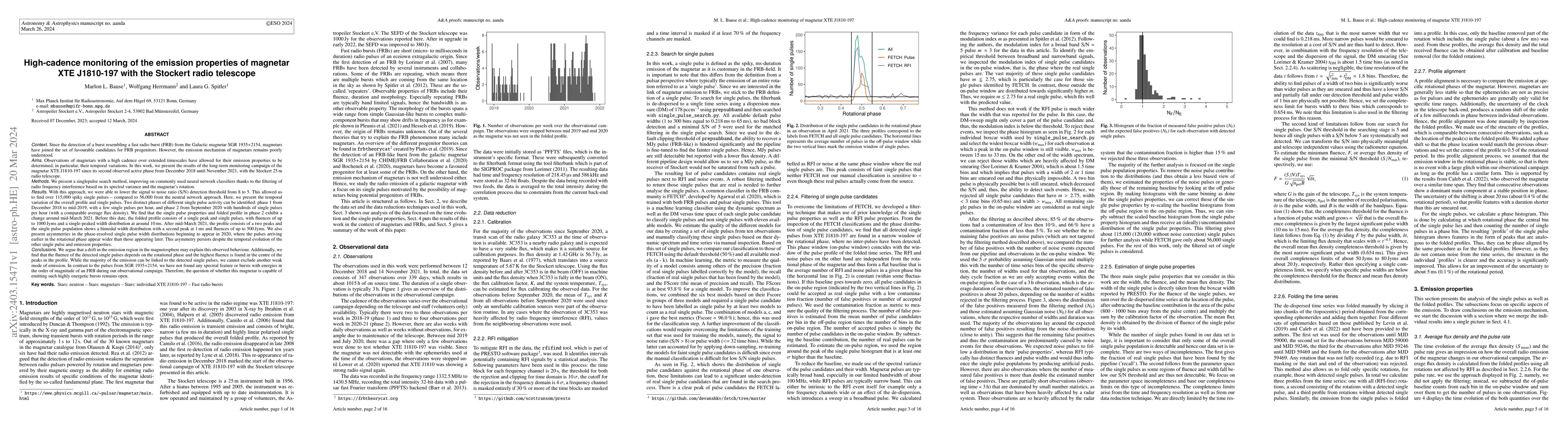 Thumbnail for High-cadence monitoring of the emission properties of magnetar XTE
  J1810-197 with the Stockert radio telescope