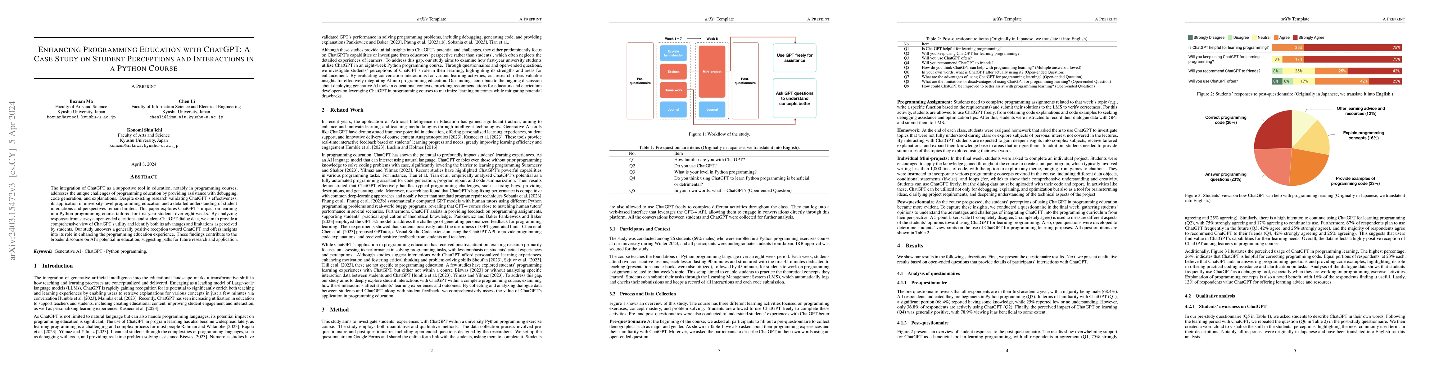 Thumbnail for Enhancing Programming Education with ChatGPT: A Case Study on Student
  Perceptions and Interactions in a Python Course