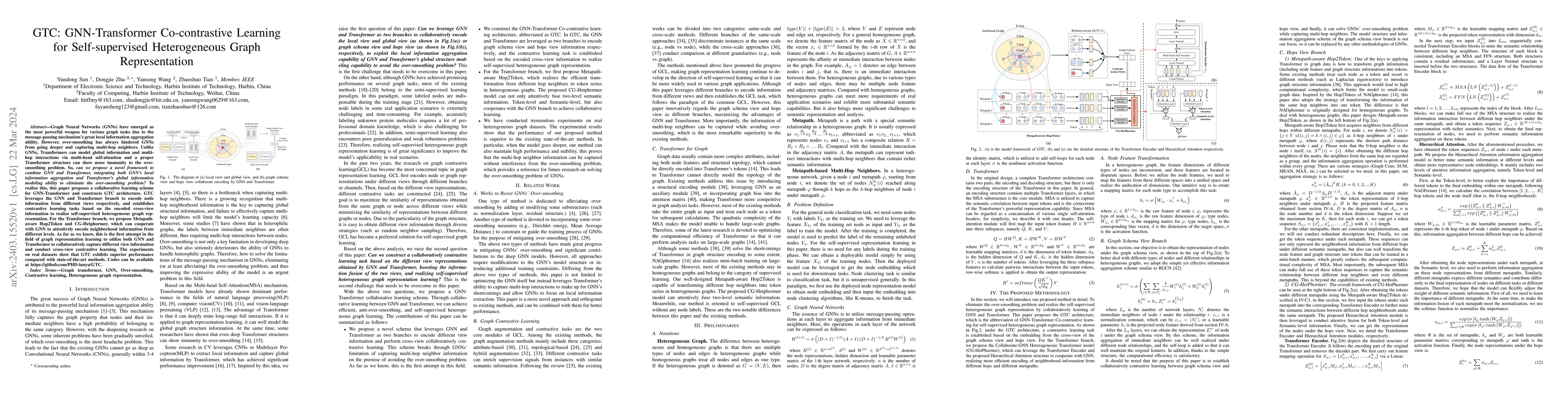 Thumbnail for GTC: GNN-Transformer Co-contrastive Learning for Self-supervised
  Heterogeneous Graph Representation
