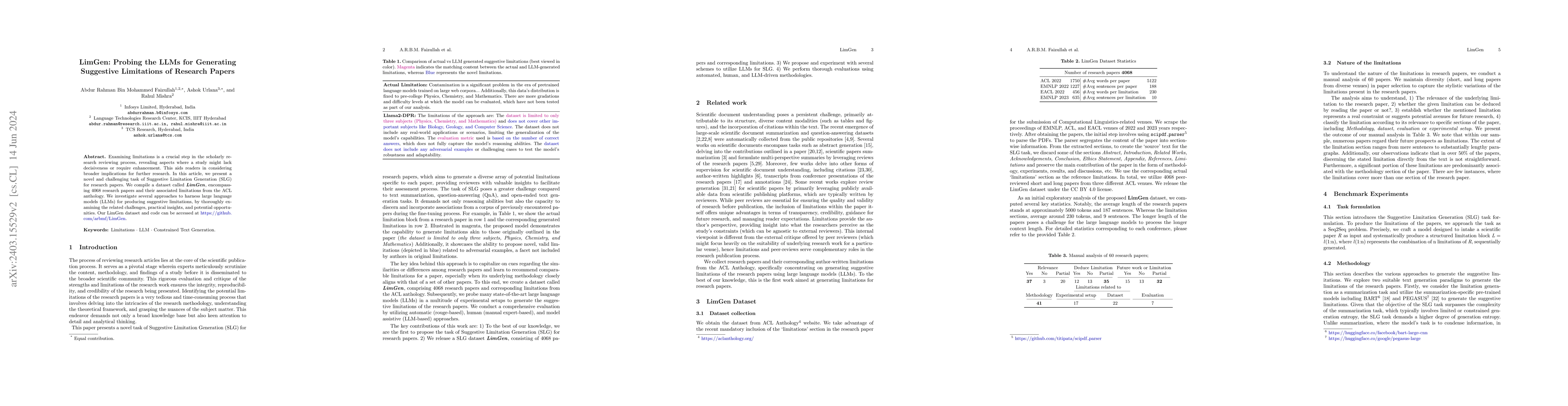 Thumbnail for LimGen: Probing the LLMs for Generating Suggestive Limitations of
  Research Papers