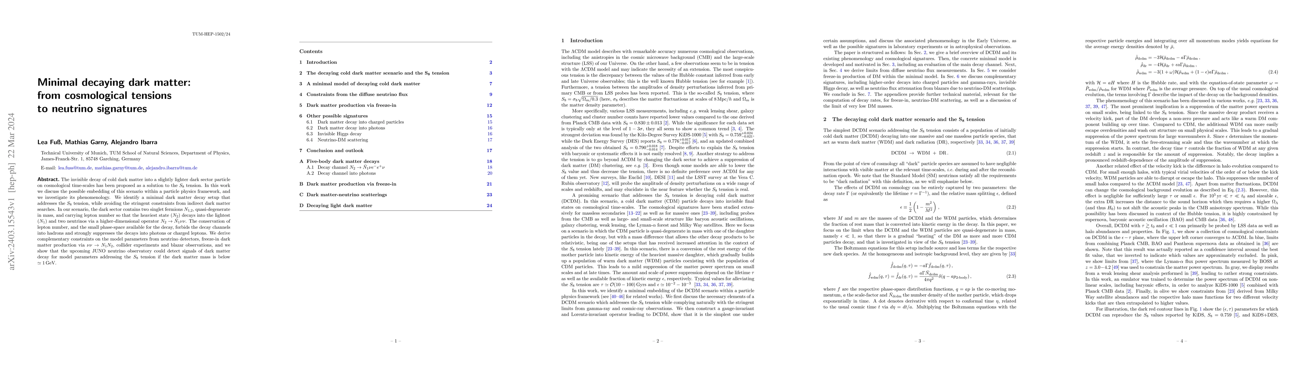 Thumbnail for Minimal decaying dark matter: from cosmological tensions to neutrino
  signatures