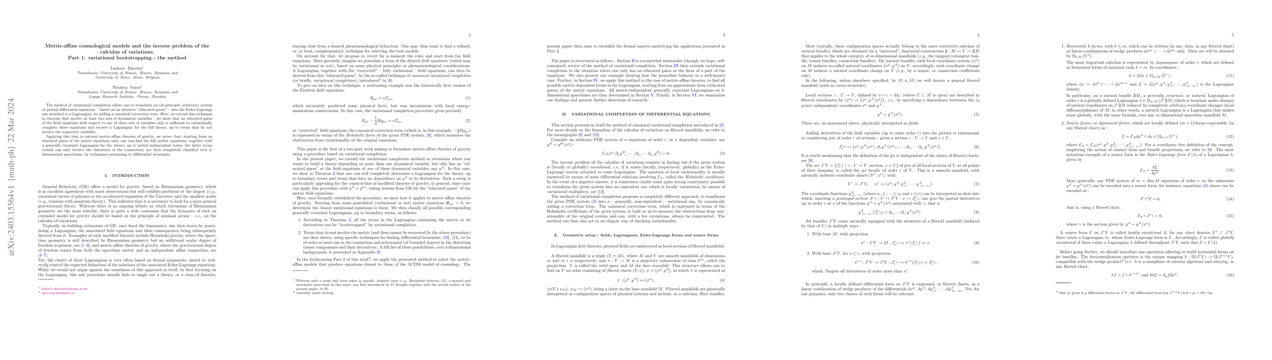 Thumbnail for Metric-affine cosmological models and the inverse problem of the
  calculus of variations. Part 1: variational bootstrapping -- the method