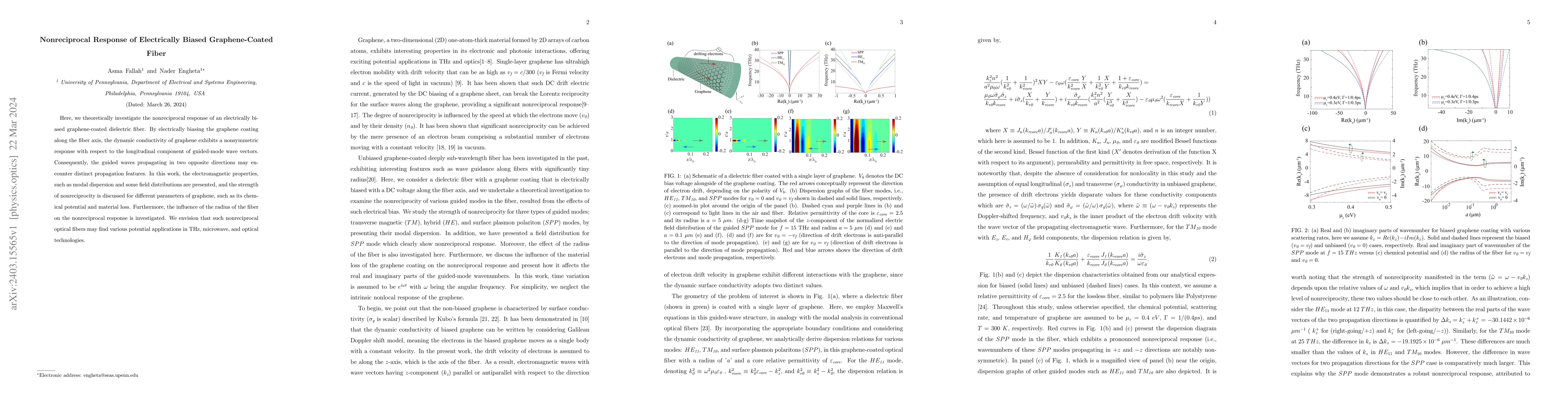 Thumbnail for Nonreciprocal Response of Electrically Biased Graphene-Coated Fiber