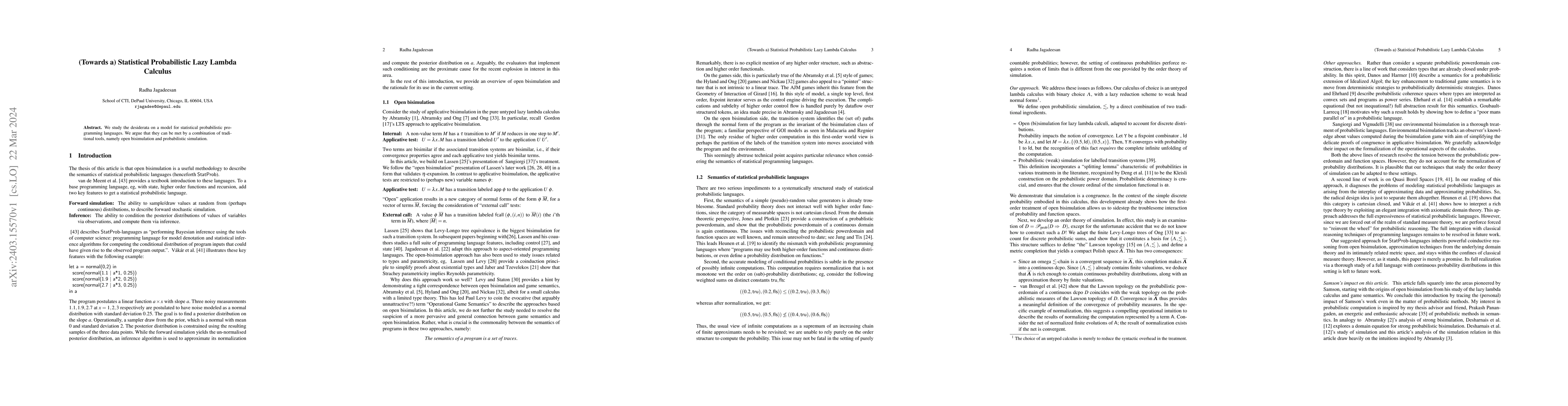Thumbnail for (Towards a) Statistical Probabilistic Lazy Lambda Calculus