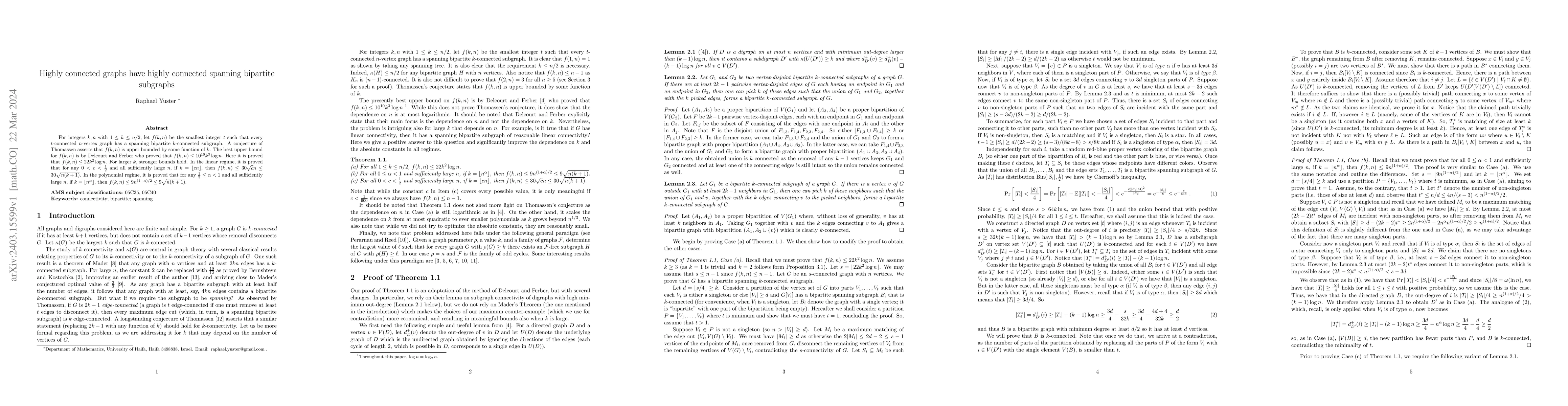 Thumbnail for Highly connected graphs have highly connected spanning bipartite
  subgraphs