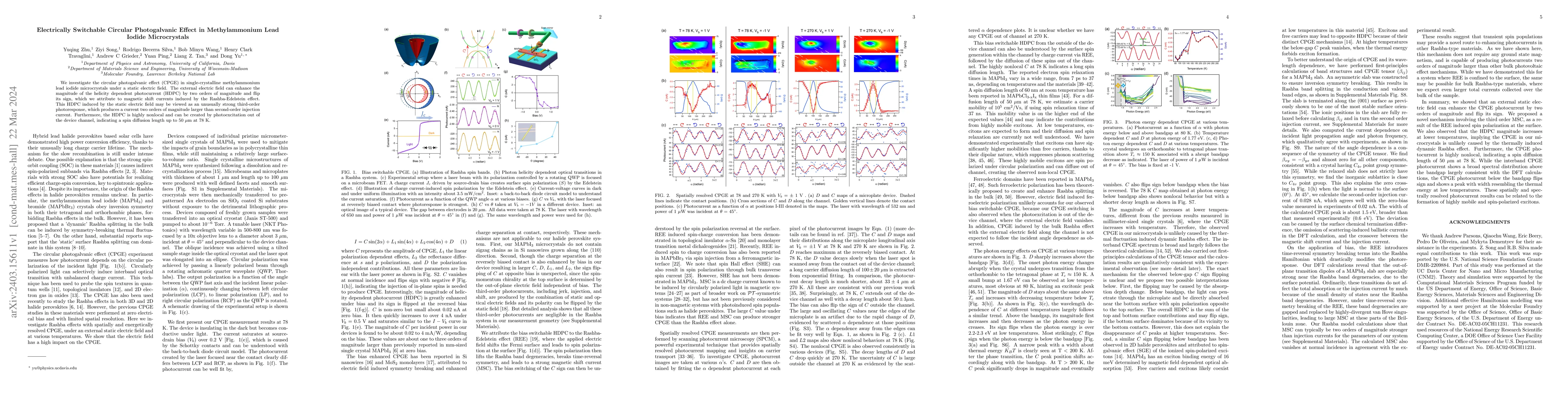Thumbnail for Electrically Switchable Circular Photogalvanic Effect in Methylammonium
  Lead Iodide Microcrystals