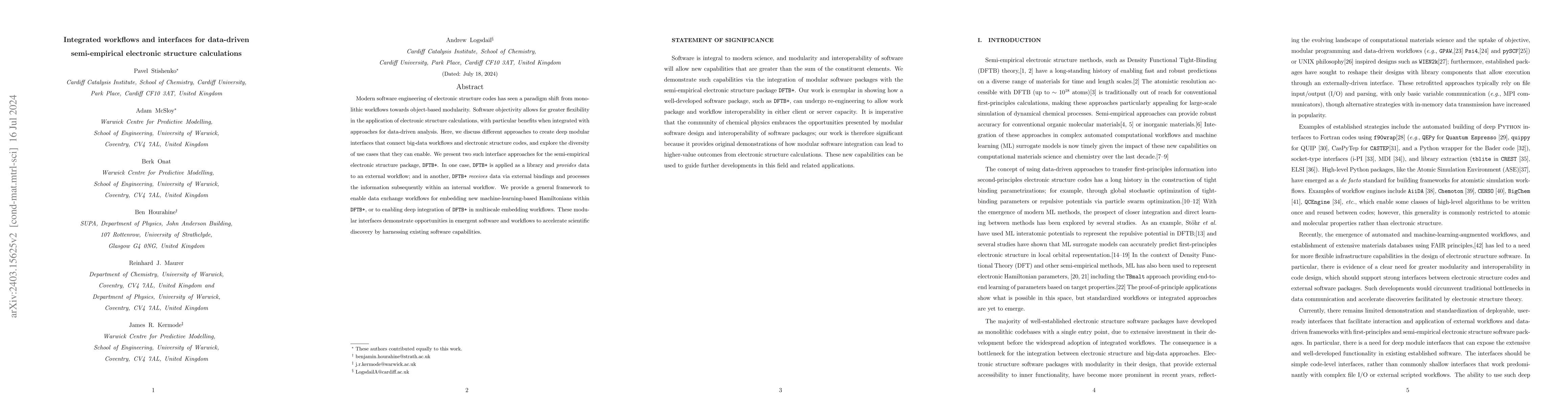 Thumbnail for Integrated workflows and interfaces for data-driven semi-empirical
  electronic structure calculations