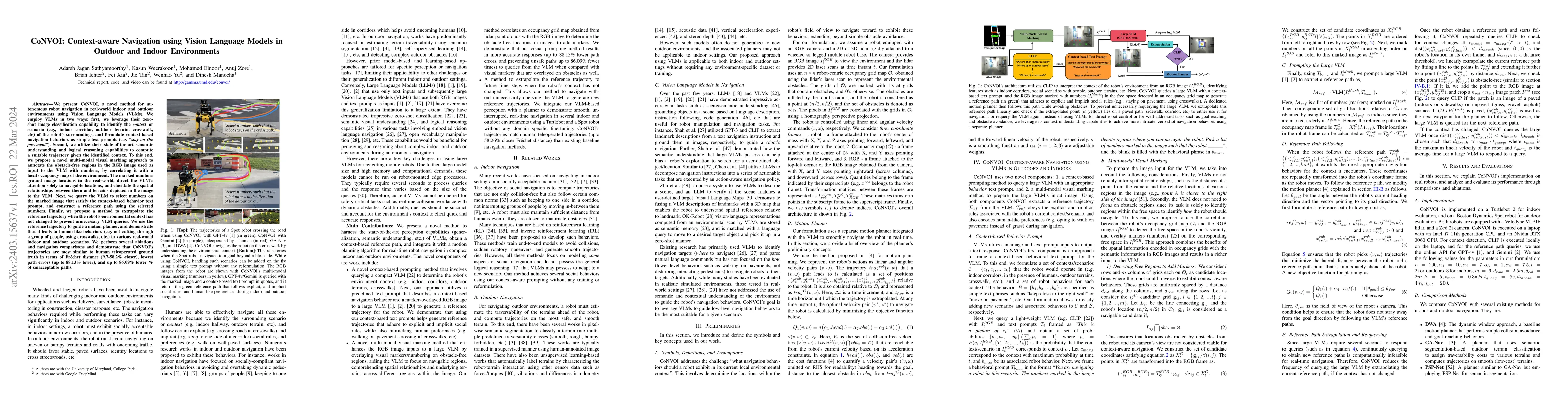 Thumbnail for CoNVOI: Context-aware Navigation using Vision Language Models in Outdoor
  and Indoor Environments