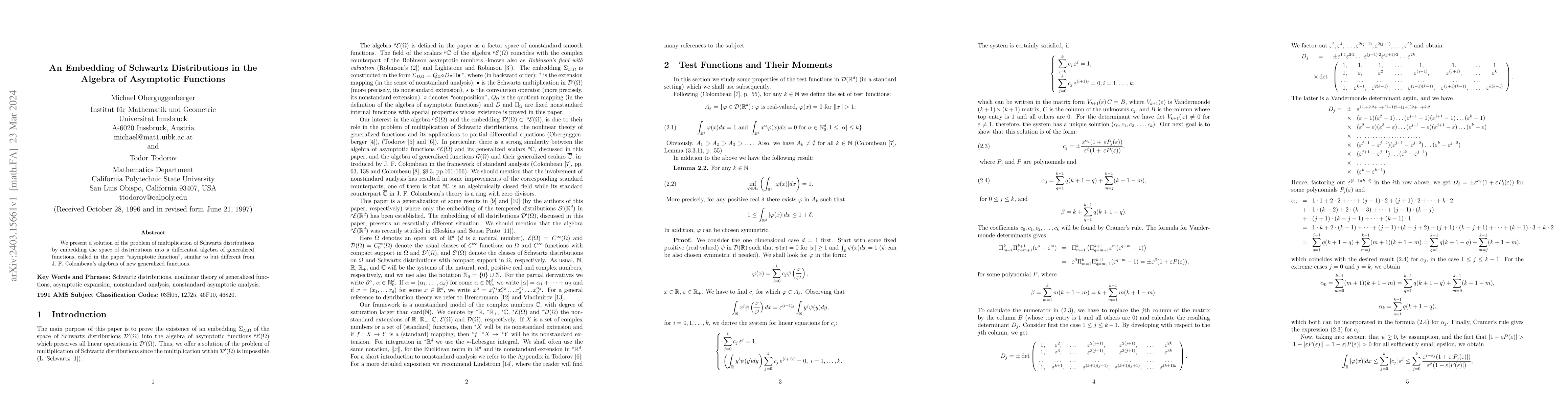 Thumbnail for An Embedding of Schwartz Distributions in the Algebra of Asymptotic
  Functions