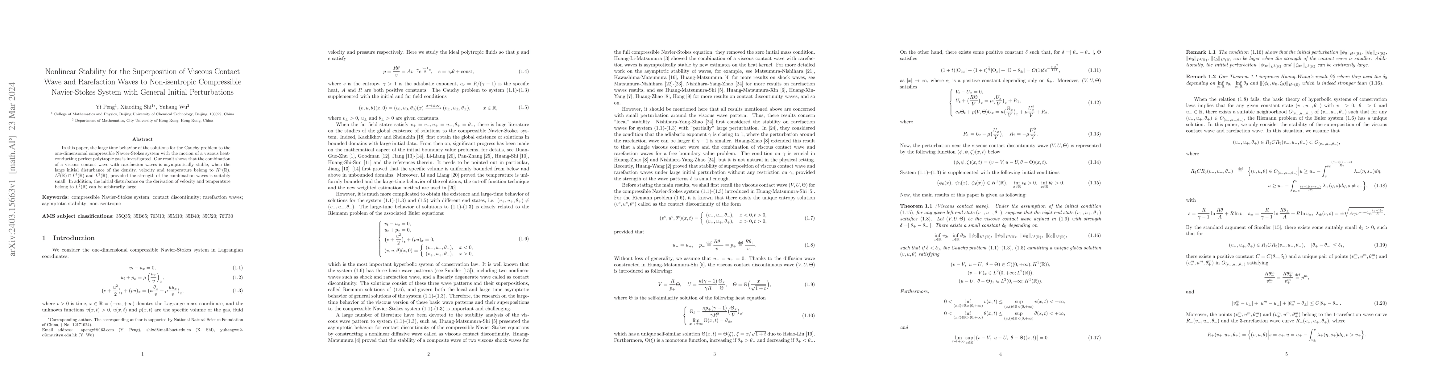 Thumbnail for Nonlinear Stability for the Superposition of Viscous Contact Wave and
  Rarefaction Waves to Non-isentropic Compressible Navier-Stokes System with
  General Initial Perturbations