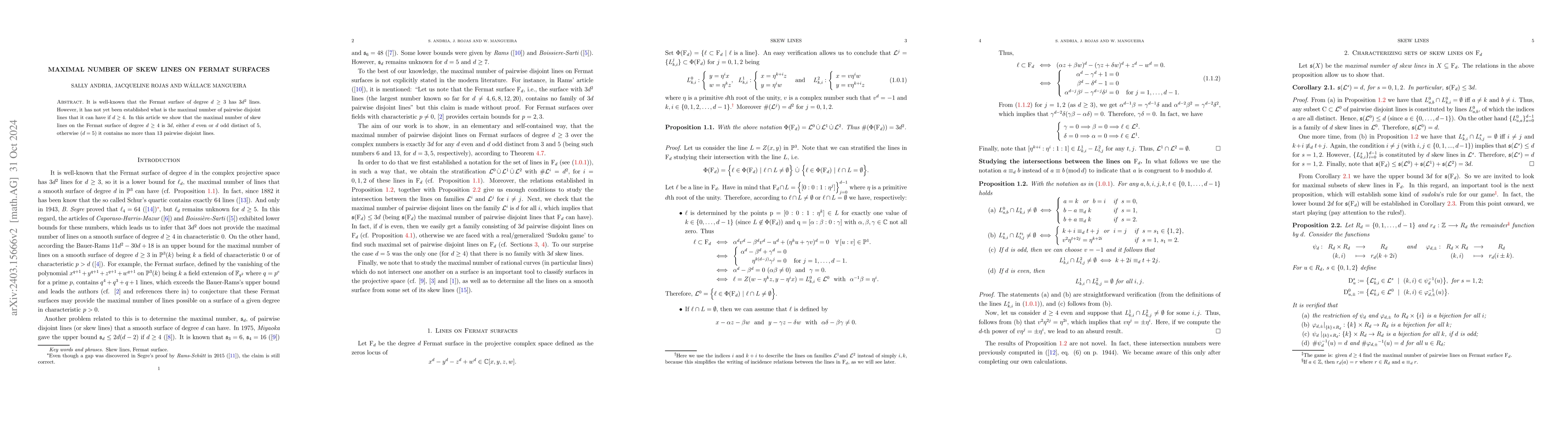 Thumbnail for Maximal Number of Skew Lines in the Fermat Surface