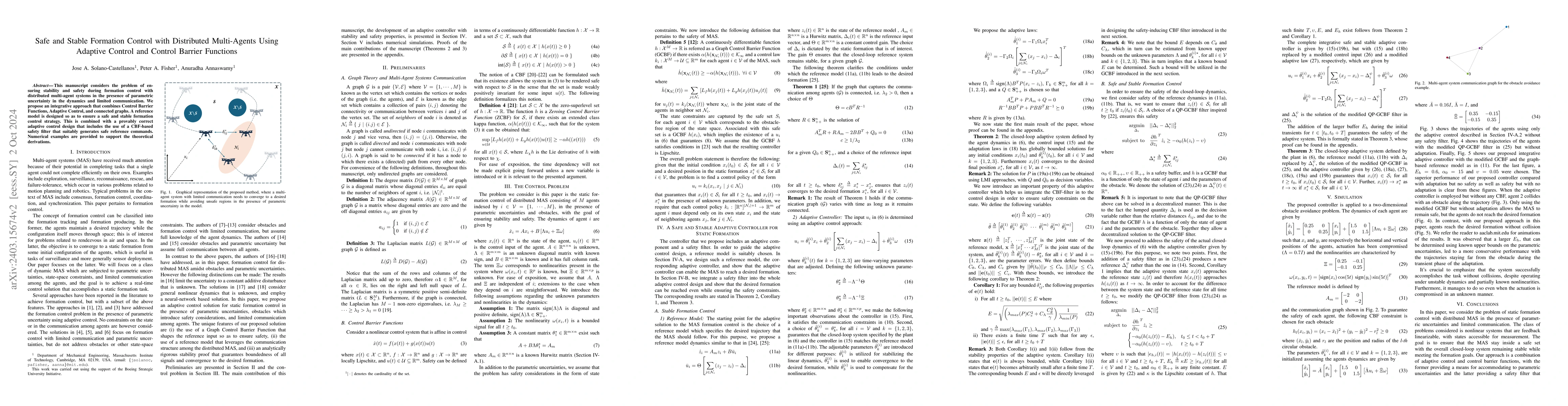 Thumbnail for Safe and Stable Formation Control with Distributed Multi-Agents Using
  Adaptive Control and Control Barrier Functions