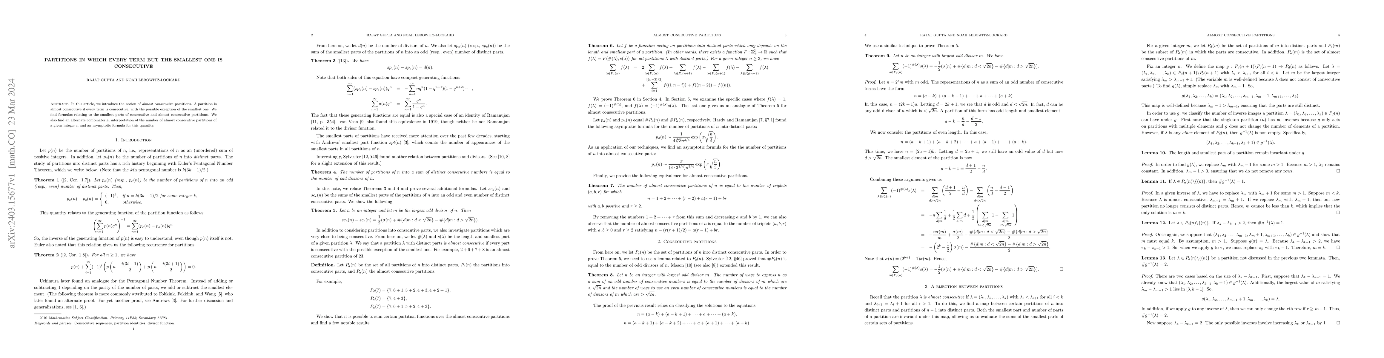 Thumbnail for Partitions in which every term but the smallest one is consecutive