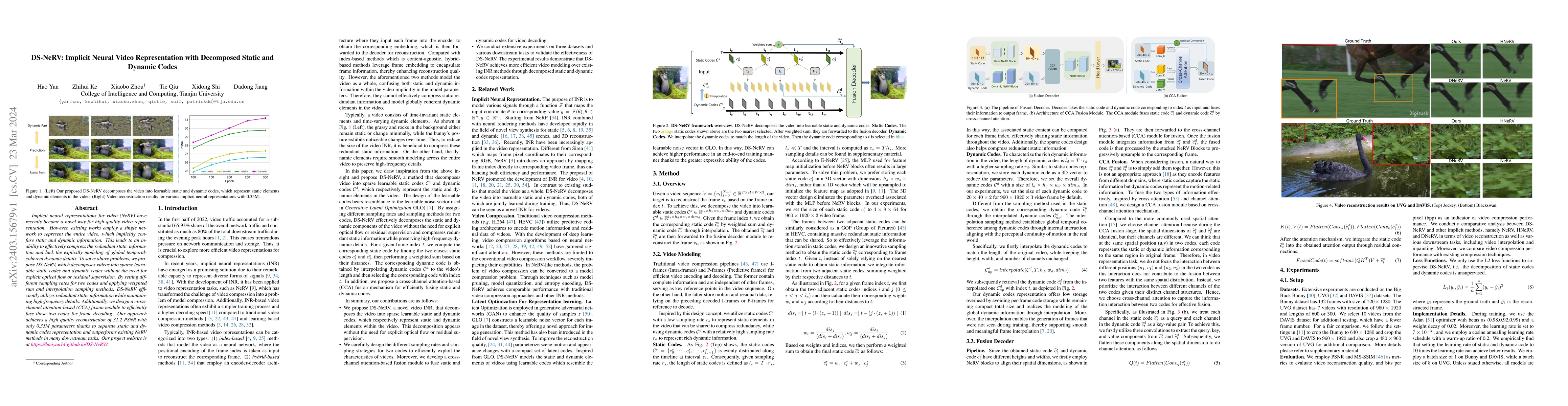Thumbnail for DS-NeRV: Implicit Neural Video Representation with Decomposed Static and
  Dynamic Codes