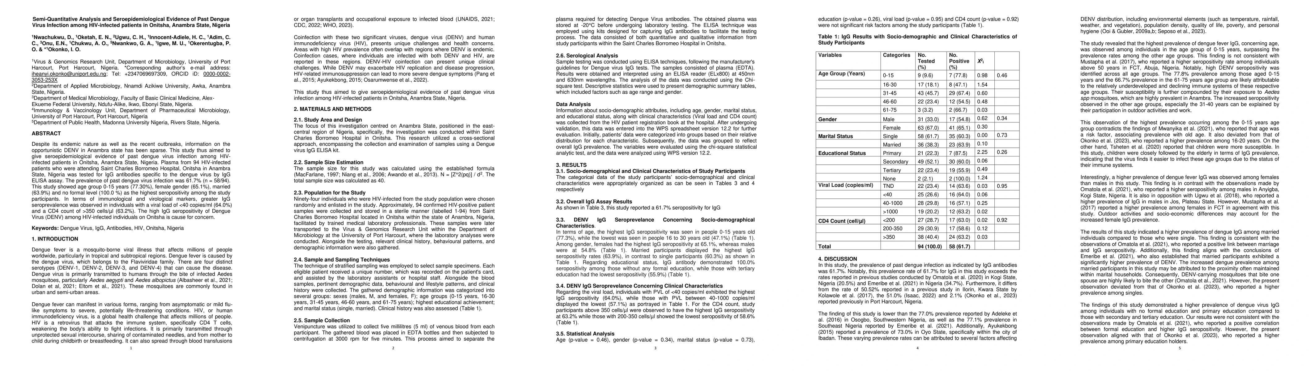 Thumbnail for Semi-Quantitative Analysis and Seroepidemiological Evidence of Past
  Dengue Virus Infection among HIV-infected patients in Onitsha, Anambra State,
  Nigeria