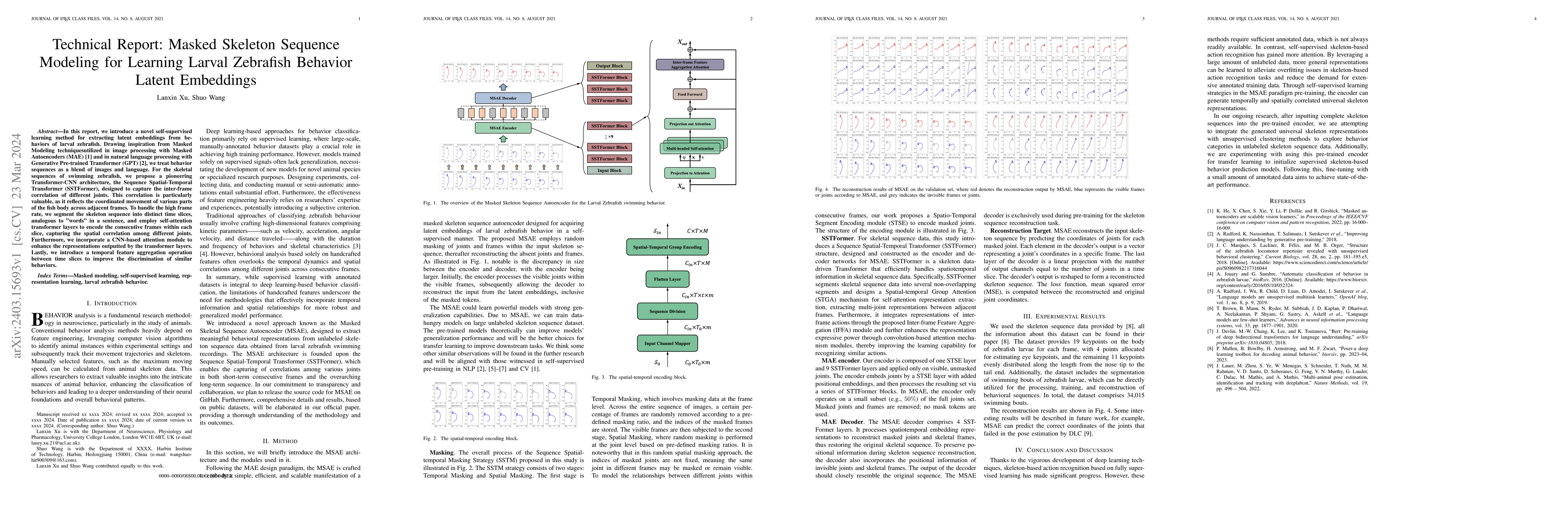 Thumbnail for Technical Report: Masked Skeleton Sequence Modeling for Learning Larval
  Zebrafish Behavior Latent Embeddings