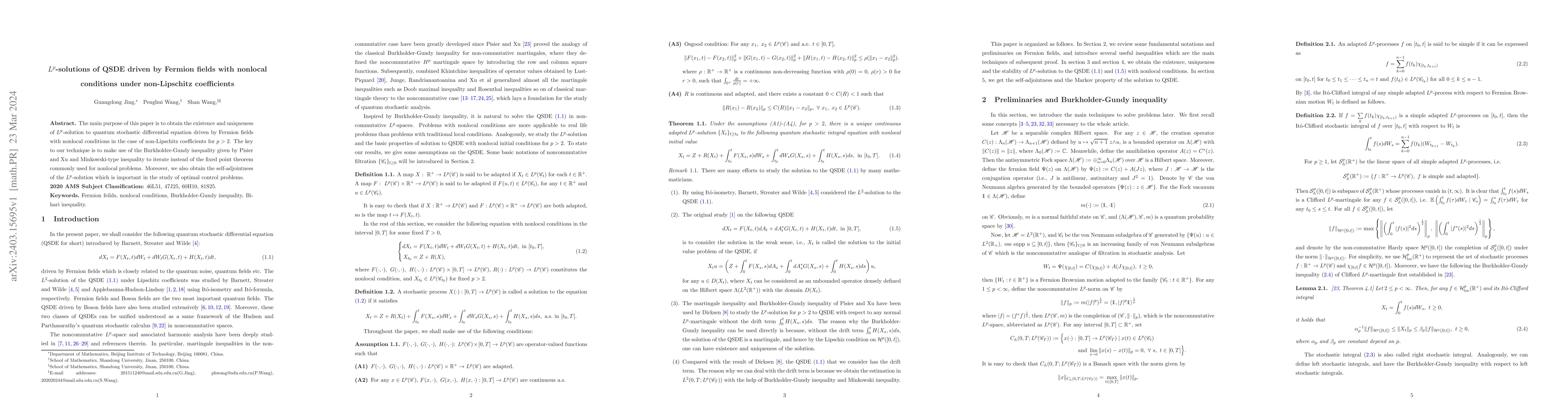Thumbnail for $L^p$-solutions of QSDE driven by Fermion fields with nonlocal
  conditions under non-Lipschitz coefficients