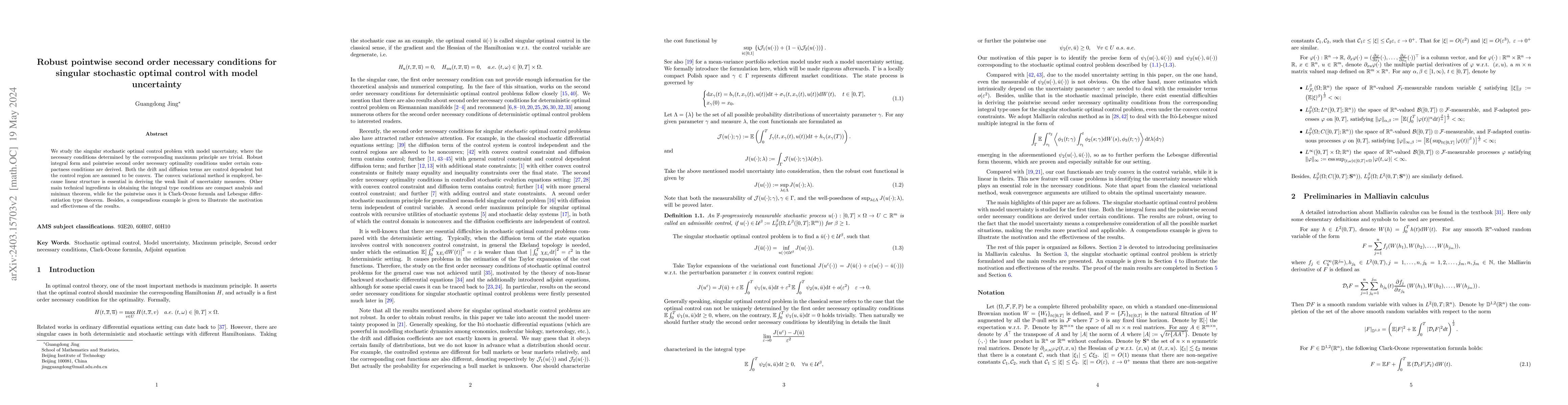 Thumbnail for Robust pointwise second order necessary conditions for singular
  stochastic optimal control with model uncertainty