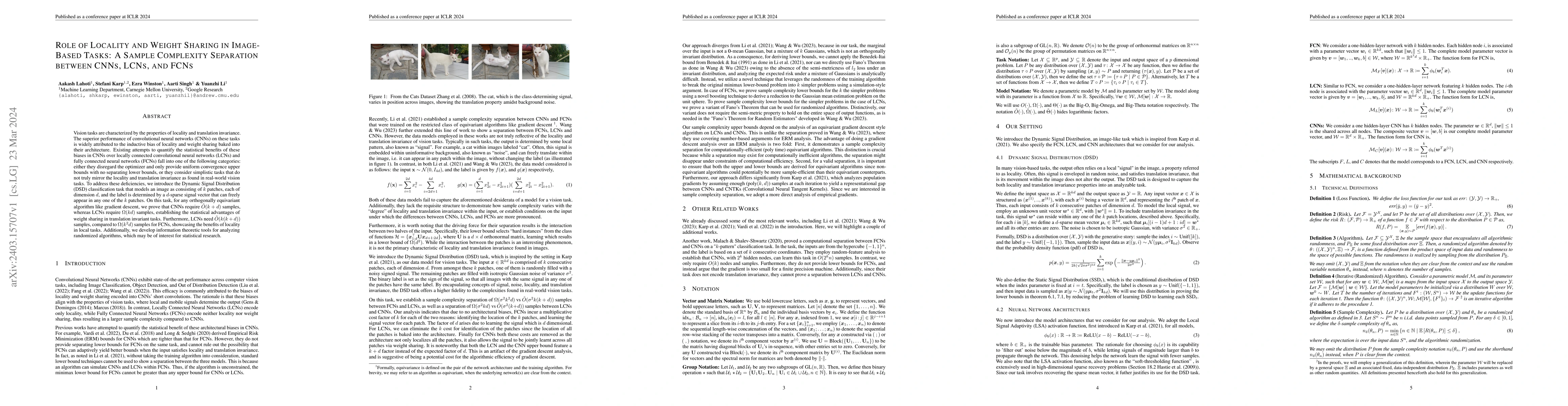 Thumbnail for Role of Locality and Weight Sharing in Image-Based Tasks: A Sample
  Complexity Separation between CNNs, LCNs, and FCNs