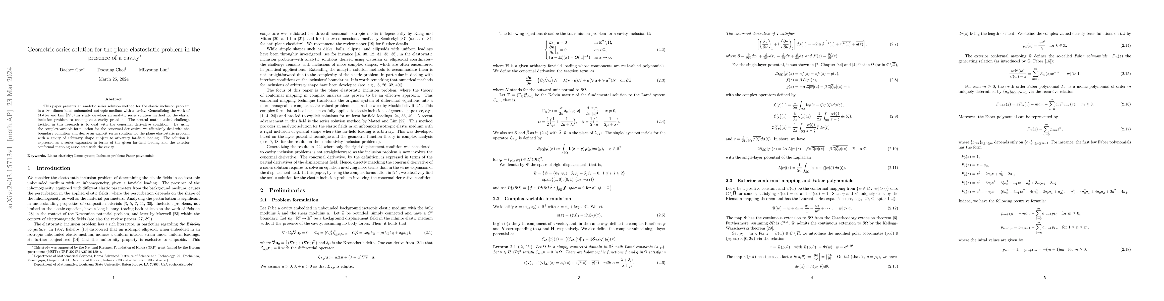 Thumbnail for Geometric series solution for the plane elastostatic problem in the
  presence of a cavity