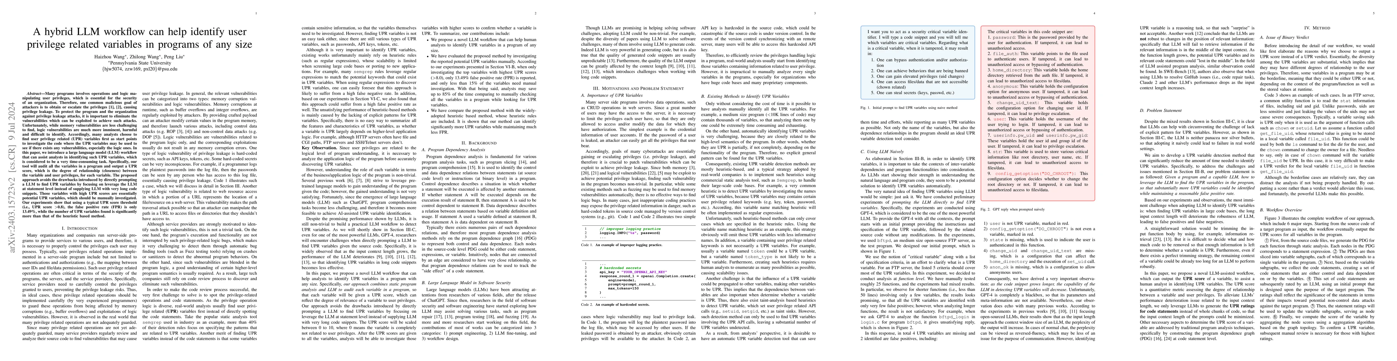 Thumbnail for A hybrid LLM workflow can help identify user privilege related variables
  in programs of any size