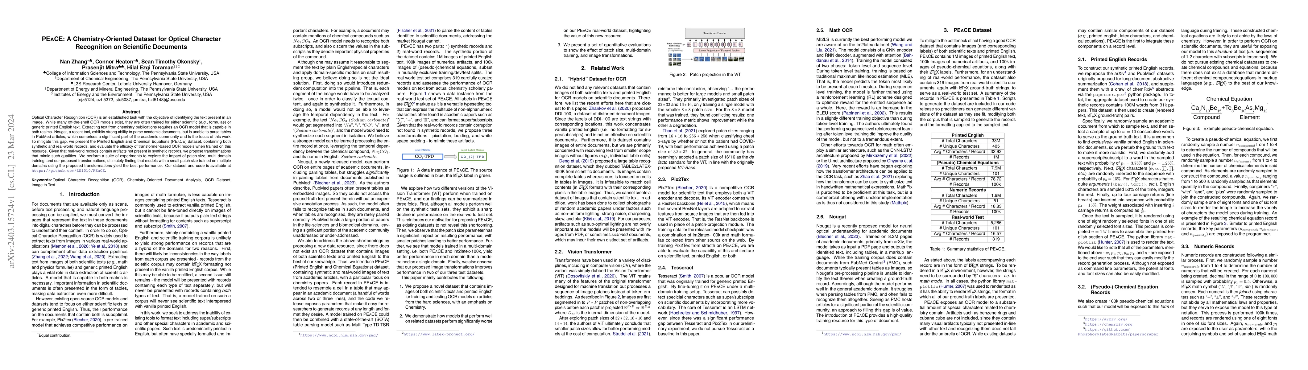 Thumbnail for PEaCE: A Chemistry-Oriented Dataset for Optical Character Recognition on
  Scientific Documents
