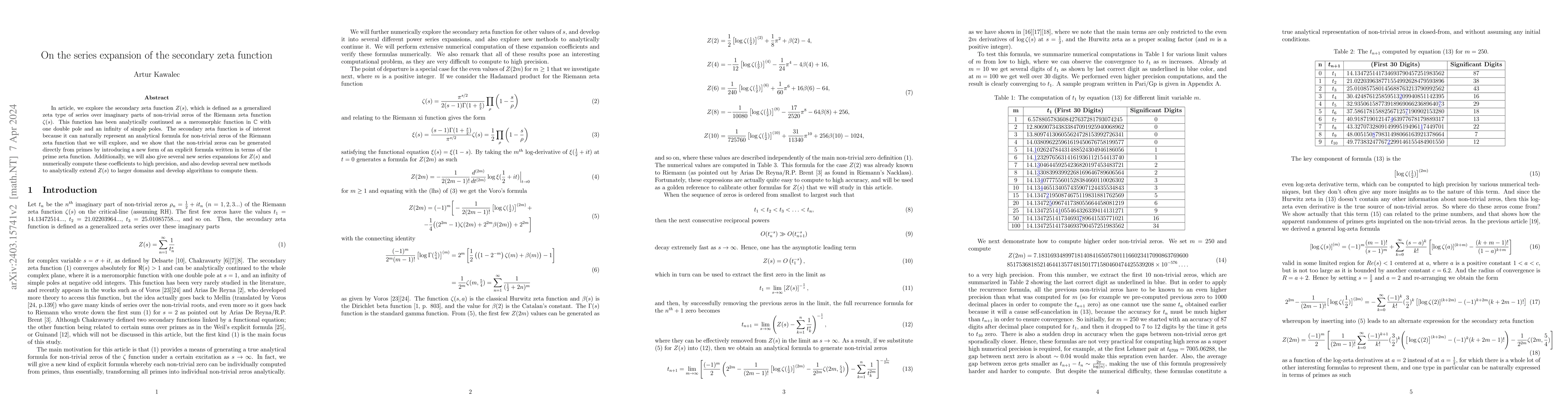 Thumbnail for On the series expansion of the secondary zeta function