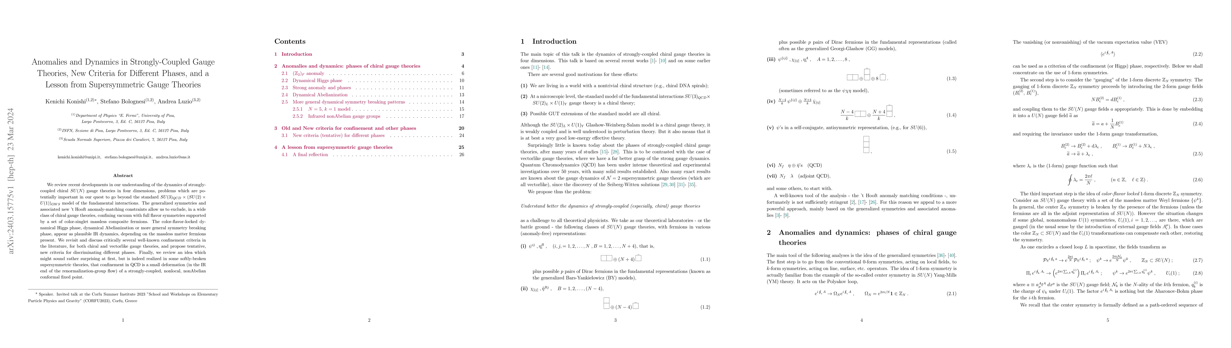 Thumbnail for Anomalies and Dynamics in Strongly-Coupled Gauge Theories, New Criteria
  for Different Phases, and a Lesson from Supersymmetric Gauge Theories