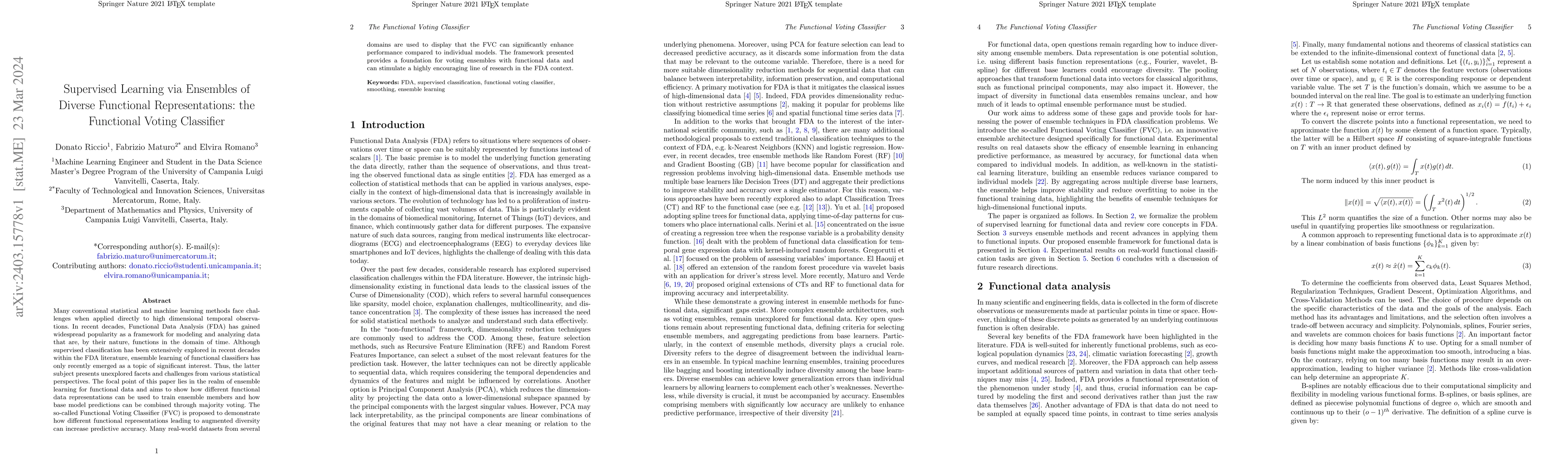Thumbnail for Supervised Learning via Ensembles of Diverse Functional Representations:
  the Functional Voting Classifier