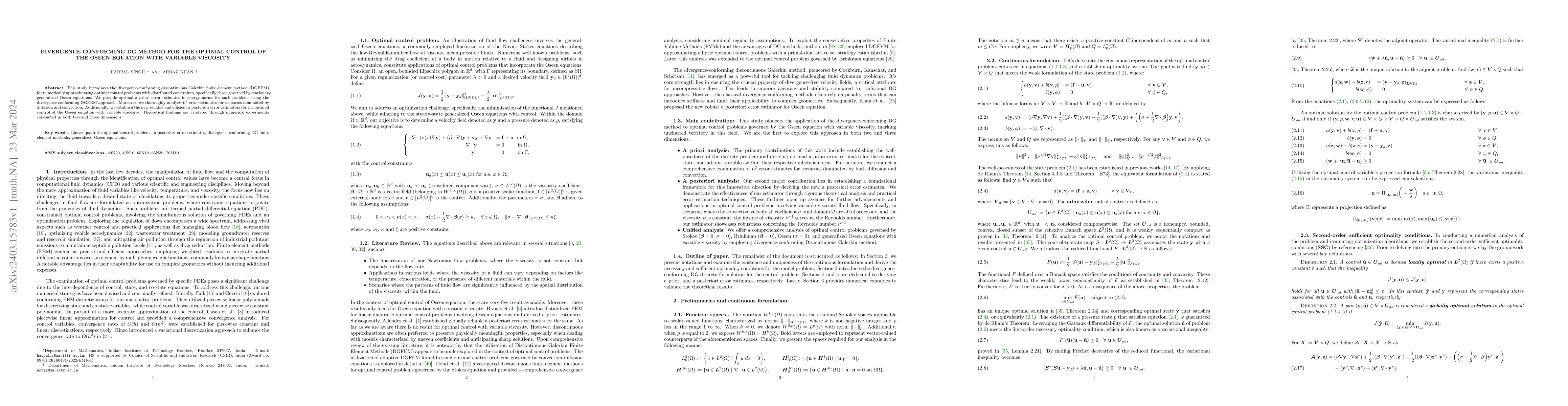 Thumbnail for Divergence conforming DG method for the optimal control of the Oseen
  equation with variable viscosity