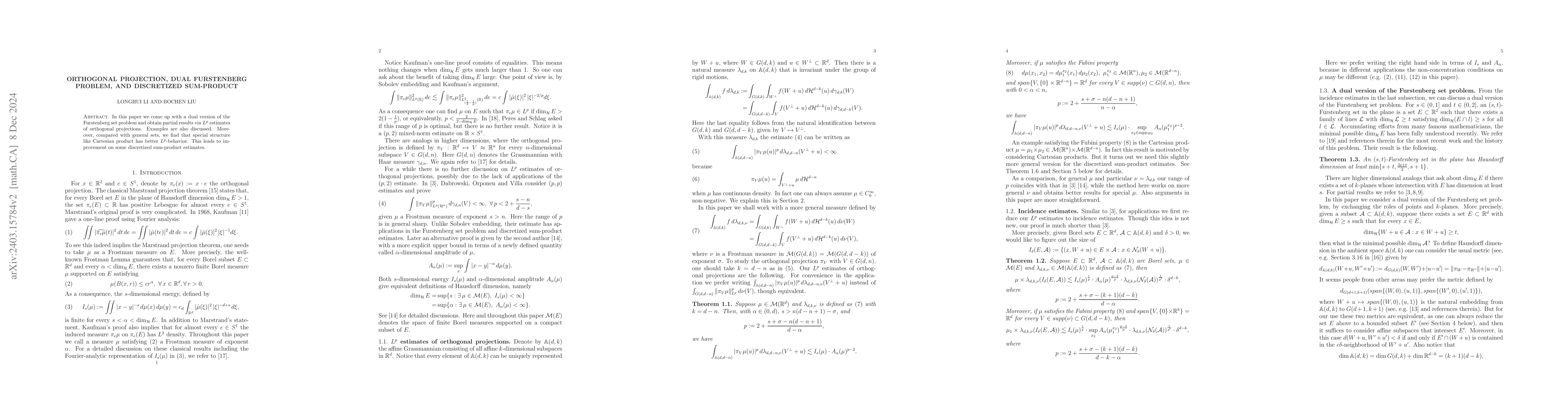 Thumbnail for Orthogonal projection, dual Furstenberg problem, and discretized
  sum-product