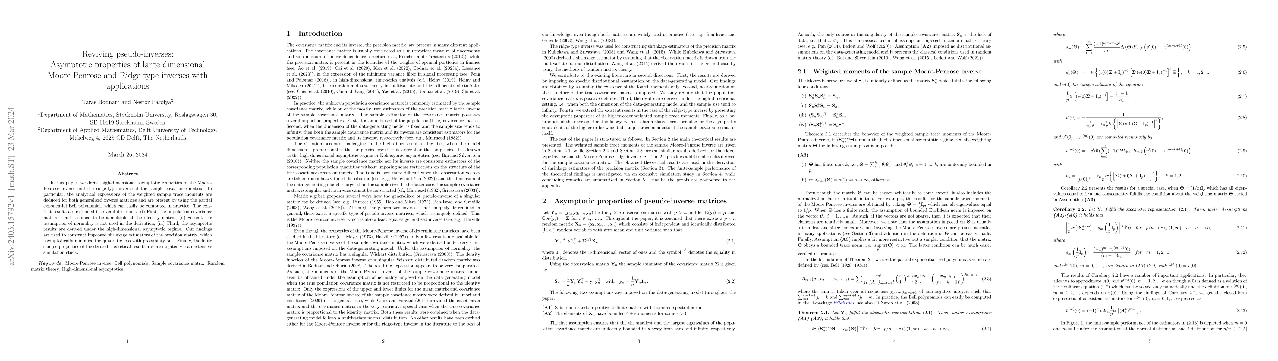 Thumbnail for Reviving pseudo-inverses: Asymptotic properties of large dimensional
  Moore-Penrose and Ridge-type inverses with applications